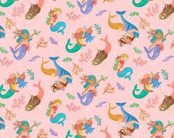 Pink Mermaid yardage, Sea Friends by Olive Gibbs Collection, Timeless Treasures, CD1729-PINK