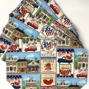 Patriotic Americana Placemat Sets, Quilted Place Mats, Octagon Shape, Americana, Blue, Red, White
