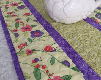 Table Runner Quilt, Spring Quilt, Green, Purple, Pink, Snail, Grasshopper, Lady Bug Table Topper Quilt, Handmade Quilt