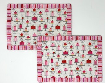 Pink Mug Rug Set, Set of 2, Snack Mats, Mini Quilts, Cake, Desserts