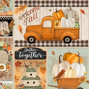 May include: A collage of fall-themed images featuring a vintage orange truck carrying pumpkins, a birdhouse with a robin, a wreath with fall leaves, and a sign that says "Gather Together".