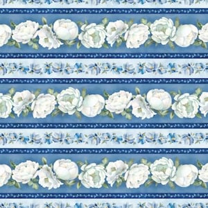 Blue Floral Stripe Cotton Yardage: White Peonies, Wilmington Prints
