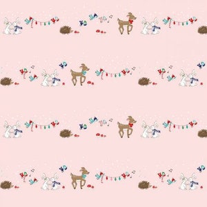 May include: A pink background with a repeating pattern of white bunnies, brown deer, hedgehogs, and blue birds. The bunnies are holding hands and the deer are wearing red scarves. The birds are singing and there are red and white lights strung between them.