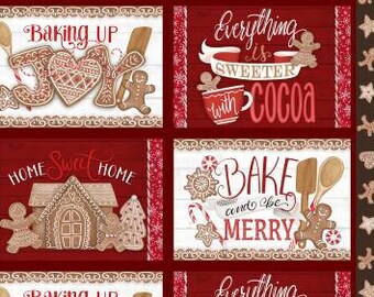 Christmas Gingerbread Placemats Fabric Panel, Baking Up Joy, Red, Tan, Wilmington Prints