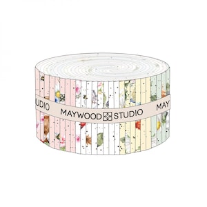 May include: A roll of fabric featuring a floral and bird print with a white background. The fabric is rolled up and tied with a ribbon that says "Maywood Studio".