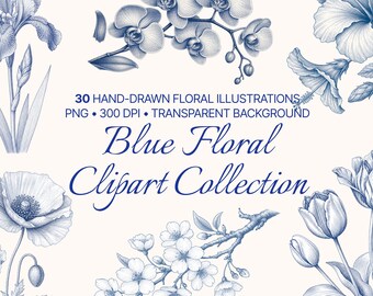 Blaue Blumen Clipart-Sammlung PNG, Vintage botanische Illustrationen, Chinoiserie Blumen, blaue Blume Clipart, antike botanische PNG