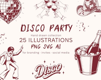 Retro Y2K Disco Clipart Bundle, handgezeichnete Party-Elemente (PNG SVG AI)