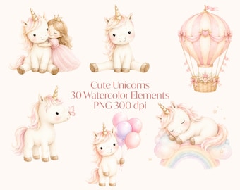 Niedliches Einhorn Clipart, Aquarell Einhorn PNG, Baby Mädchen Kinderzimmer Dekor, Prinzessin Einhorn Clip Art, Rosa Einhorn Party, kommerzielle Nutzung
