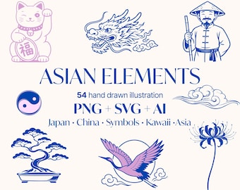 Asiatische Elemente Bundle SVG PNG AI, Japanische Chinesische Symbole, Minimalistische Line Art (Digitaler Download)