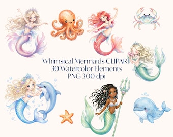 Meerjungfrau Clipart, Aquarell Meerjungfrau PNG, Unter dem Meer Clipart, Ozeantiere, Babyparty, Kinderzimmer, Sublimation PNG, Cricut