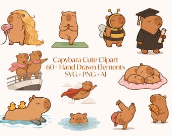 Capybara Clipart Bundle SVG PNG AI, niedliche Capybara Clip Art, Kawaii Tier Vektor-Pack, handgezeichnete Capybara png, Cricut Sublimationsdateien