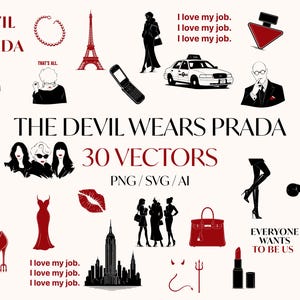 Puede incluir: Una colección de 30 ilustraciones vectoriales con temática de moda, incluyendo el texto "The Devil Wears Prada". Las imágenes presentan siluetas de mujeres, monumentos icónicos y accesorios de moda en rojo, negro y blanco.