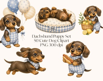 50 süße Dackel PNG Clipart Bundle, Hündchen Clipart, Dackel PNG, Kindergarten Sublimation, Sofort Download 300 DPI