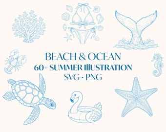 60+ Vintage Strand & Meer SVG PNG Clipart, handgezeichnete Küsten Illustrationen, Sommer Strand Vektoren, Sommer Urlaub Elemente