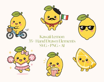 Kawaii Zitrone Clipart Bundle SVG PNG AI | Niedliche Zitronen-Charaktere | Cricut Cut Dateien | Handgezeichnete Zitruselemente