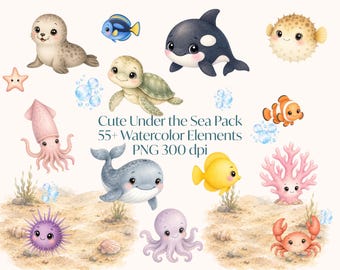 Niedliches Unterwasser Aquarell Clipart, Meerestiere PNG, Baby Meerestiere, kommerzielle Nutzung