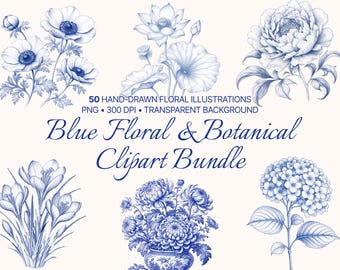 50 blaues Blumen-botanisches Clipart PNG-Bundle, Vintage Chinoiserie-Blumen, handgezeichnete botanische Illustrationen, transparentes PNG