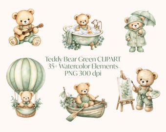 Teddybär Clipart, grüner Aquarell Bär PNG, Neutral Kinderzimmer Clipart, Babyparty PNG, Vintage Teddy, Cricut, Sublimation, kommerzielle Nutzung