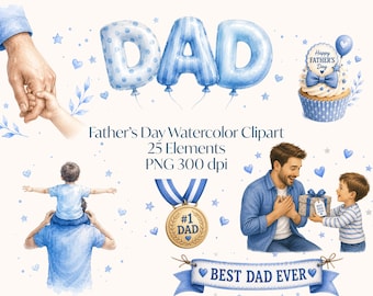 Imágenes prediseñadas PNG para el Día del Padre, imágenes prediseñadas de papá en acuarela, imágenes PNG de padre e hijos, 25 elementos PNG, descarga instantánea.