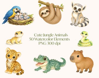 Dschungeltiere Clipart Bundle, 50 Aquarell Dschungeltiere PNG, niedliche Safari Tiere, Baby tropische Wildtiere, kommerzielle Nutzung