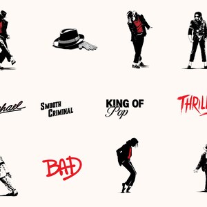 May include: A collection of black and white illustrations and text related to a music icon. The image includes stylized figures in iconic poses, a fedora hat, and the words "Michael", "Smooth Criminal", "King of Pop", "Thriller", and "Bad".