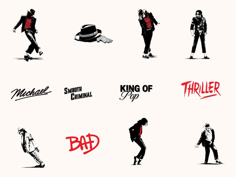 May include: A collection of black and white illustrations and text related to a music icon. The image includes stylized figures in iconic poses, a fedora hat, and the words "Michael", "Smooth Criminal", "King of Pop", "Thriller", and "Bad".