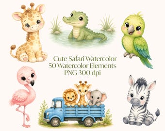 Süße Safari Tiere PNG Bundle, Aquarell Kinderzimmer Clipart, Dschungel Baby Tiere, Sofort Download