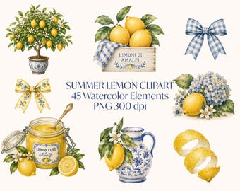 Sommer Zitrone Aquarell Clipart, Amalfi Zitrone PNG, Mittelmeer Zitrus Clipart, Zitronen Schleife, Italienischer Sommer Dekor, 45 Elemente