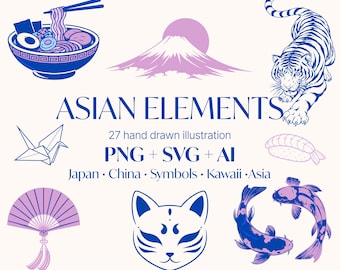 Asiatische Linie Kunst-Symbole, japanische chinesische Kultur Symbole, Minimaler Stil (27 Elemente)