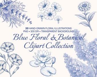 Blaues Blumen Clipart Bundle, Botanische PNG Clipart, Vintage blaue Blumen, handgezeichnete Blumenillustrationen, Cottagecore Blumen PNG