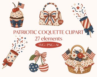 Patriotische Kokette Clipart, 4. Juli PNG SVG, Americana Coquette Clipart, USA Girly Clipart, Sublimationsdesign zum Unabhängigkeitstag