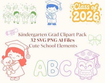 Kindergarten Abschlussfeier Clipart Bundle - Klasse von 2026, Schulelemente, Kinderparty (SVG, PNG, AI)