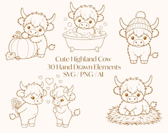 Niedliche Highland Kuh-Kollektion | 30 Handgezeichnete Highland Kuh Clipart PNG SVG AI | Bauernhof Tier Cricut Cut Dateien