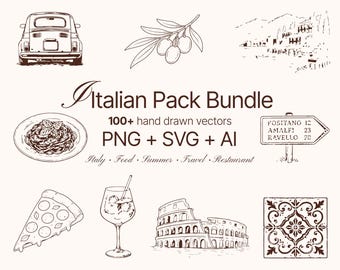 Italienisches Essen & Reisen Clipart-Bundle – Handgezeichnete mediterrane Sommer Grafiken (SVG PNG AI)
