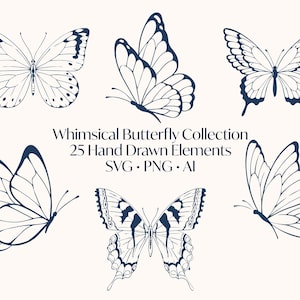 Op de afbeelding: Een verzameling van zes grillige vlinderillustraties in marineblauw, elk met unieke vleugelpatronen. De tekst luidt "Whimsical Butterfly Collection" en "25 Hand Drawn Elements" met bestandsinfo.