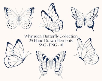 25 Handgezeichnete wunderliche Schmetterling Clipart | Schmetterling SVG PNG AI | Vektor-Elemente | Cricut-Dateien