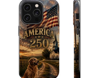 Funda para teléfono con la bandera estadounidense del 250 aniversario y una iglesia / Funda para iPhone con paisaje patriótico de perros