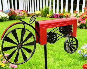 Vintage Red Tractor Kinetic Wind Spinner, Heavy-Duty Metal Garden Stake Sculpture for Rustic Farmhouse Outdoor Yard Decor