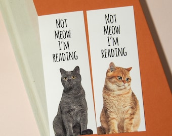 May include: Two cat-themed bookmarks with the text "Not Meow I'm Reading". One bookmark features a gray cat and the other features a brown tabby cat.