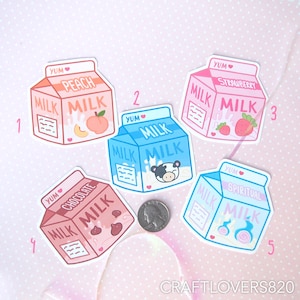 Fruit and Chocolate Milk Hand Cut Stickers | Pastel Waterproof Stickers | Strawberry, Chocolate, Peach Milk Stickers | Chibi Milk Stickers