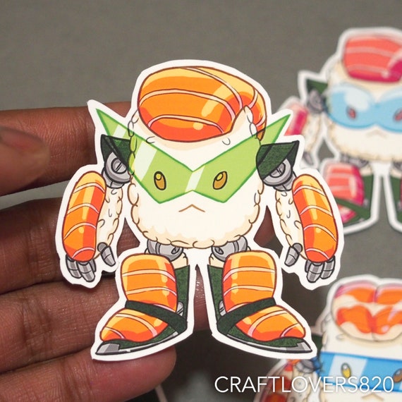 Mecha Sushi Hand Cut Stickers | Salmon Tomago Tuna Shrimp Water Bottle Stickers | Fighting Warrior | Cute Kawaii Vinyl Sticker Decals