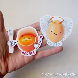 Good Egg Bad Egg Hand Cut Stickers | Funny Quote Kawaii Sticker Decals | Cute Egg Sticker | Waterproof Stickers | Angry Boiled Cracked Egg