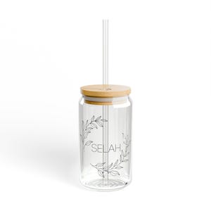 Vaso de vidrio de 473 ml (16 oz) con la inscripción minimalista "Selah" / Tapa de bambú con pajita / Vaso de vidrio transparente / Regalo cristiano estético
