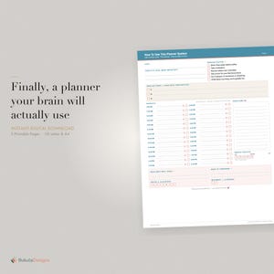 May include: A digital planner page with a white background and a teal header. The text "Finally, a planner your brain will actually use" is displayed. The planner includes sections for scheduling, goals, and daily tasks. The planner is available in US Letter and A4 sizes.