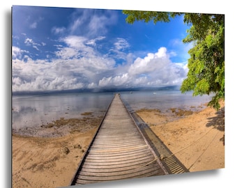 Fiji Pier Tropical Beach Photography, Coastal Ocean Palm Tree Print