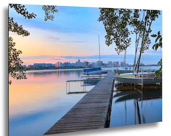 Madison Wisconsin Skyline Wall Art, Lake Monona Sunset Sailboat Photography Print