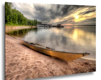 Yellow Kayak Sunset Print, Lake Superior Coastal Wall Art