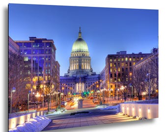 Madison Capitol Photography Print, Wisconsin Skyline Winter Dusk Wall Art