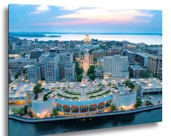 Madison Wisconsin Capitol Aerial Print | Lake Monona, Mendota Skyline Dusk Photography