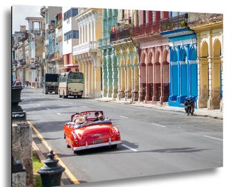 Havana Street Photography Print, Classic Car, Colorful Buildings (Made in USA)